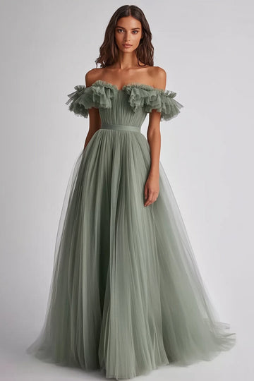 Dusty Sage Épaule Dénudée À Volants Une Robe Formelle Trapèze